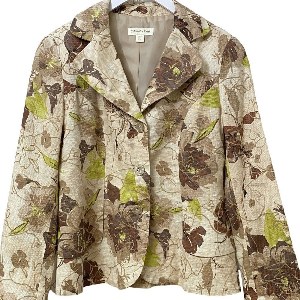 COLDWATER CREEK Floral Blazer Size 12 Petite Linen Blend Jacket